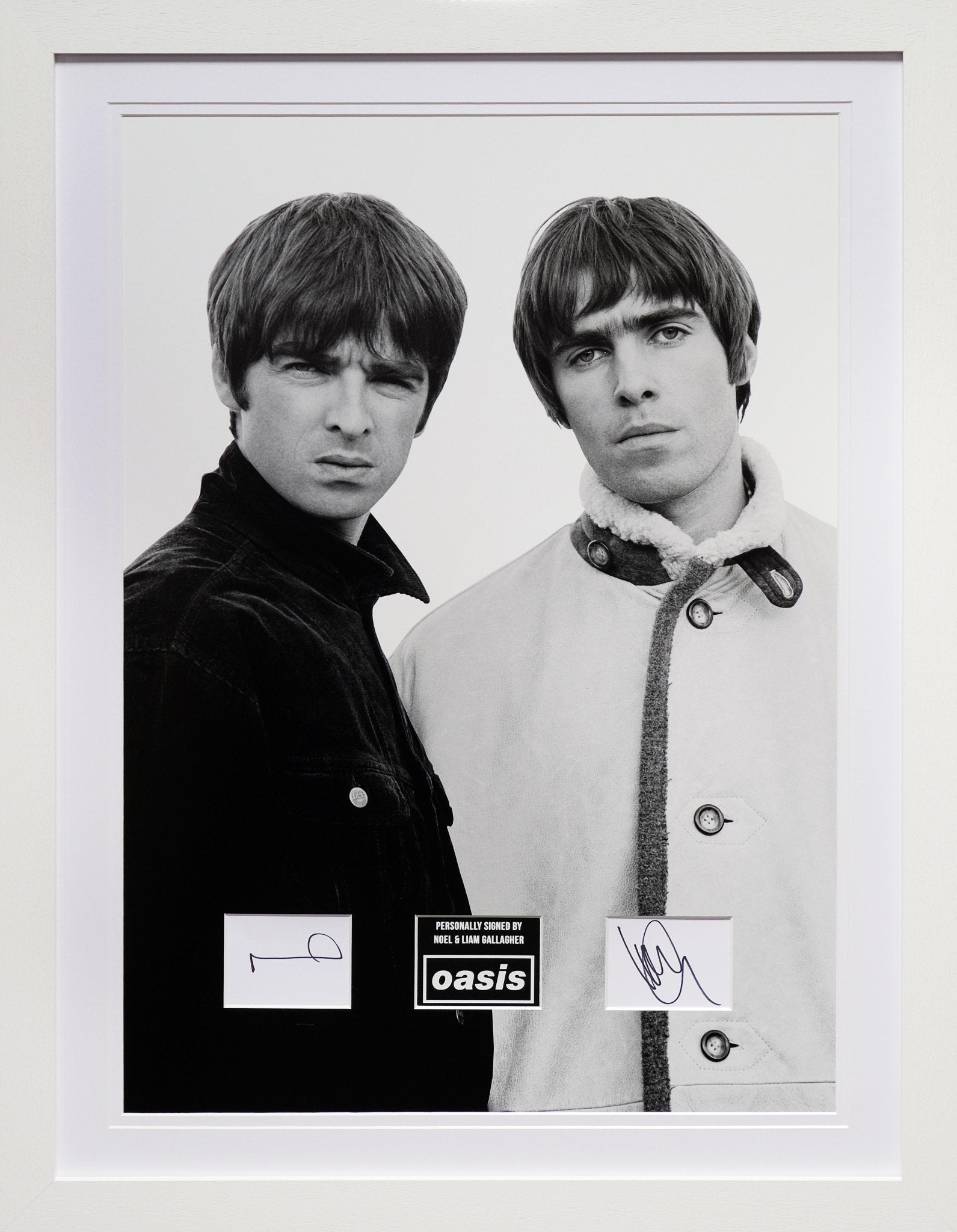 Noel Gallagher and Liam Gallagher Signed Oasis White Card Framed Display - Memorabilia Framers Shop